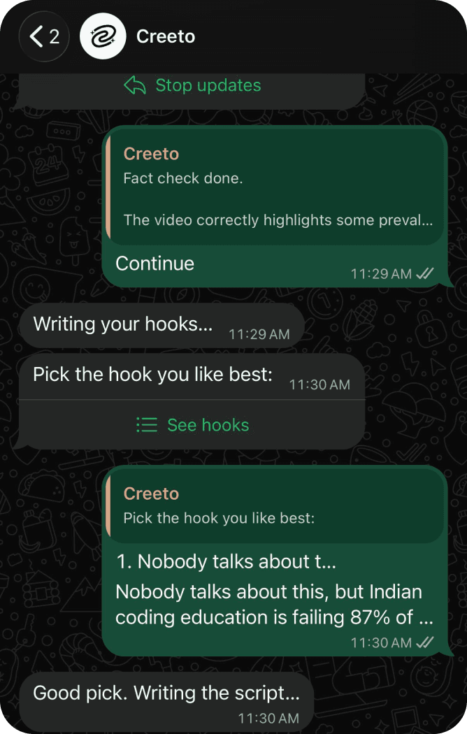 Creeto conversation in WhatsApp, generating a video from a chat
